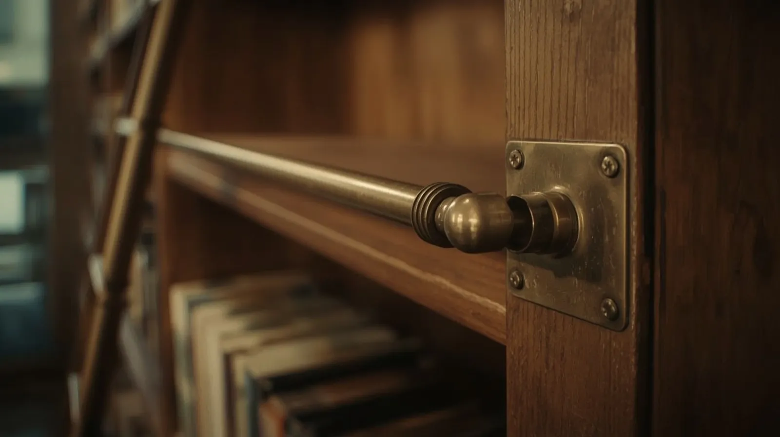 Brass rolling ladder detail on Tasmanian oak library